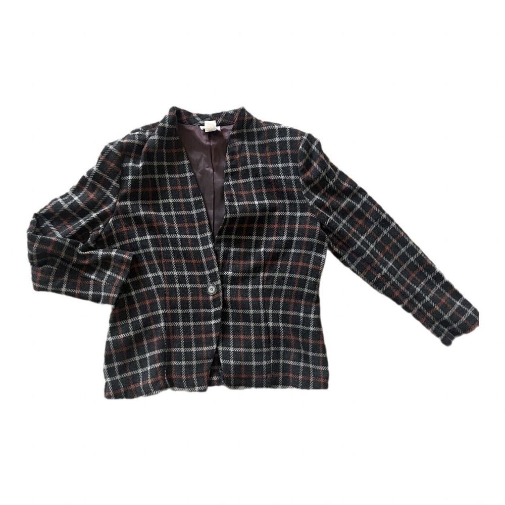Vintage Bedford Fair Wool Blend Single Button Closure Plaid Blazer Size 14